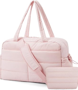 Travel Duffle Bag Gym Bag for Women, 31L Puffer Tote Bag Quilted Laptop Carry on, Weekender Overnight Bag Organizer Duffel Bag for Travel, Pink